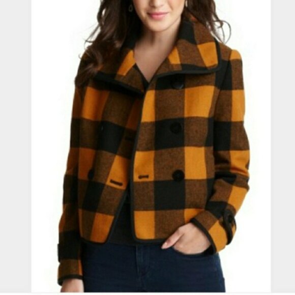 Loft Wool Blend Buffalo Plaid Jacket in Mustard And Black Size SP EUC - Picture 3 of 16
